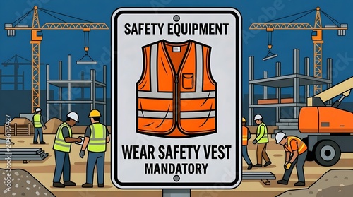 Construction site with workers, cranes, and sign mandating orange safety vests.
