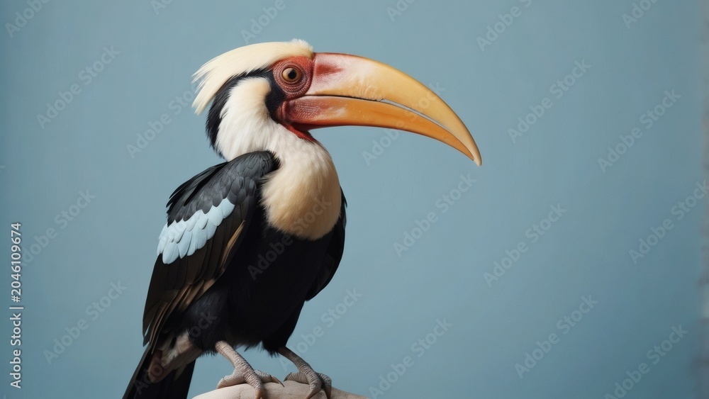 Obraz premium A close-up studio portrait of a colorful hornbill bird against a solid blue background.
