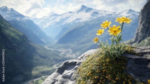 close up of wild flower growing on mountain cliff edge overlooking valley generative ai
