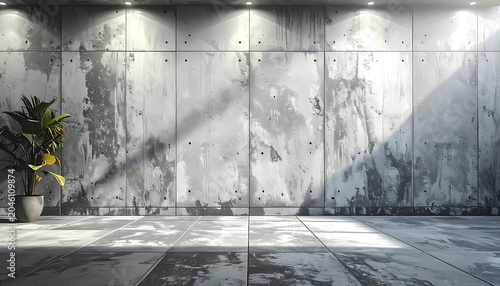 Empty modern loft interior with textured concrete walls and floor, dappled sunlight, and a potted plant, industrial design, moody atmosphere