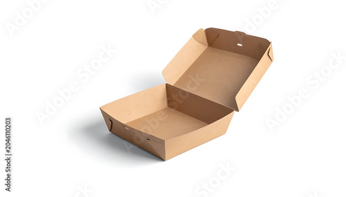 Empty open cardboard burger box, food packaging, takeaway container, isolated on white with shadow