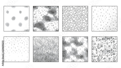 CAD Landscape Ground Cover Hatch Patterns and Architectural Softscape Textures Set with Meadow Vegetation and Stone Swatches