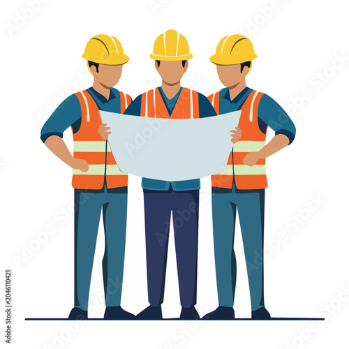 Construction workers in hard hats and safety vests reviewing blueprint