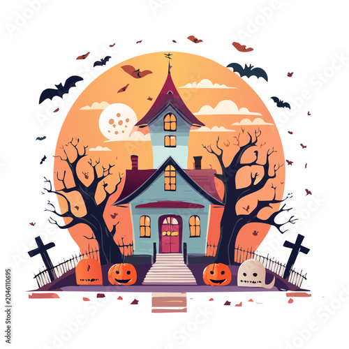 Halloween haunted house with bats, pumpkins, and ghost