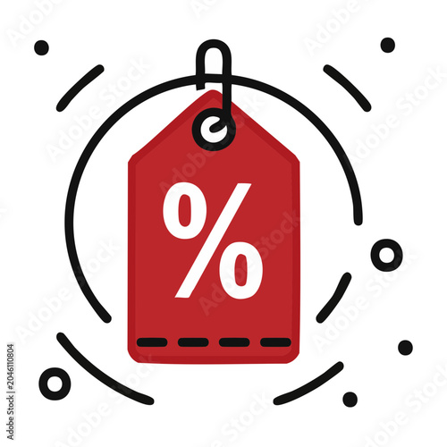 Red discount tag with percent sign, flat icon design