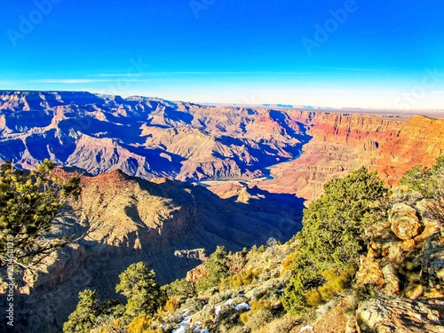 Scenic view of the Colorado River winding throught the Grand Canyon at sunset, Arizona, USA - January 2012