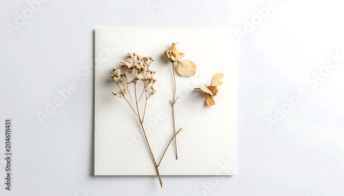 Dried delicate botanicals arranged on a square white card, creating a minimalist, natural composition, muted earth tones, soft lighting
