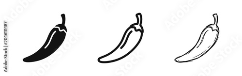 Konstfotografi Hot chili pepper vegetable icon set in solid, outline, and hand-drawn styles for spicy food themes