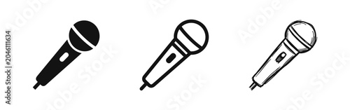 Konstfotografi Handheld microphone icon set in solid, outline, and hand-drawn styles for audio, music, and media themes