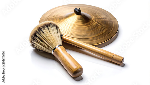 Drum brush and cymbal with wooden handles, isolated on white background, percussion instrument accessory, jazz music element