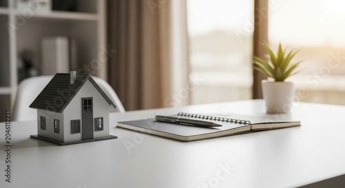 Minimalist real estate office desk with house model, notebook, and pen for business planning and property sales