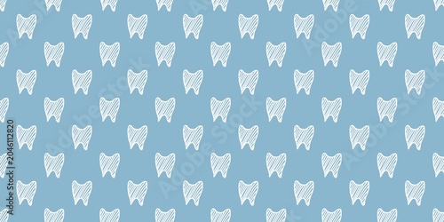 Seamless tooth pattern. Hand drawn teeth sketches on a blue background, representing dental care and oral health.