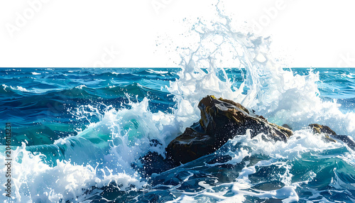 Dynamic ocean wave crashing against a rocky shore, creating a powerful splash and sea spray, vibrant blue water and foam, natural coastal scene