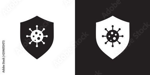 Tableau sur toile Minimalist Shield Icon with Stylized Virus Symbol in Black and White Silhouette