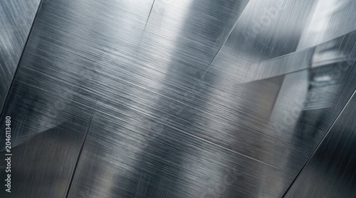 Multiple overlapping metal sheets create a complex, textured surface. The sheets reflect light, producing a dynamic interplay of gray and silver tones.