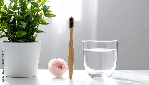 Eco-friendly bamboo toothbrush with pink flower and glass of water on white table, natural light, sustainable dental care