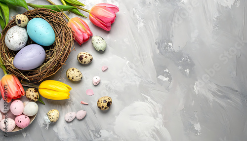 Easter eggs in a nest with tulips and quail eggs arranged on a textured gray background, spring holiday celebration