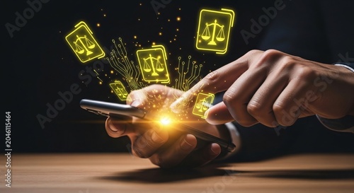 Close-up of hand using smartphone with legal and justice icons floating above in digital style representing law technology and digital justice concepts