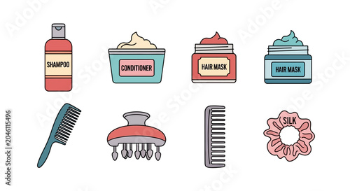 Hair Care Products and Accessories Flat Icons Set