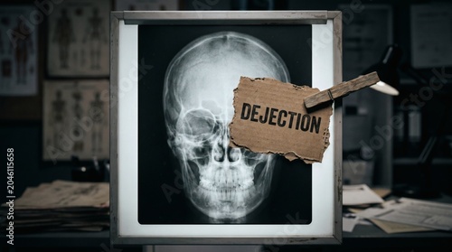 X-ray of a human skull with a torn piece of paper labeled Dejection attached.