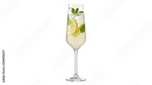 Refreshing lemon mint cocktail in elegant flute glass, chilled citrus summer drink with ice cubes, sparkling lemonade mocktail with fresh herbs isolated PNG with Transparent Background