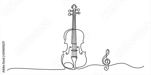 Foto Continuous single line drawing of a violin and a treble clef music note symbol
