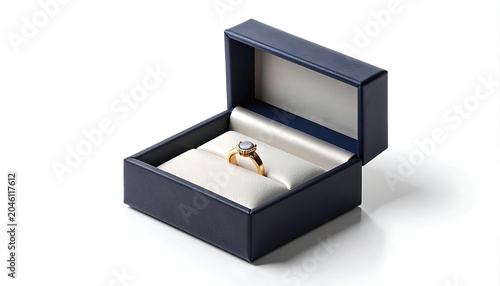 Elegant gold engagement ring with diamond in open navy blue velvet jewelry box, proposal concept