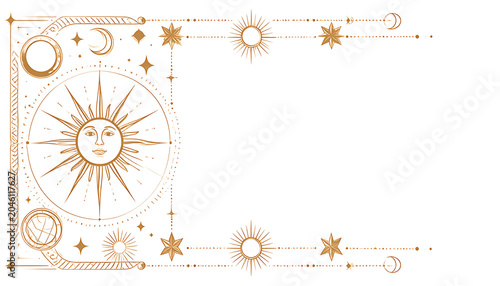 Elegant gold celestial border with sun, moon, stars, constellations, abstract cosmic elements, ornamental flourish, decorative frame, magic background