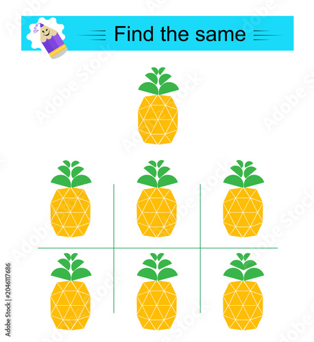 Puzzle game for kids. Attention task. Need to find the same of object.