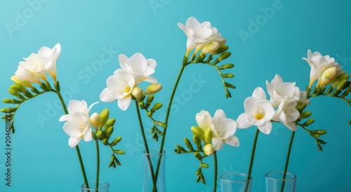 Beautiful white freesia flowers in glass vases against a vibrant turquoise background