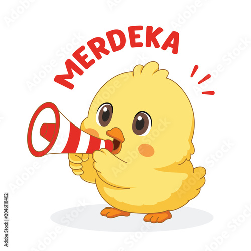 Cute Chick Shouting Merdeka with Megaphone Indonesia Independence Day Cartoon Vector