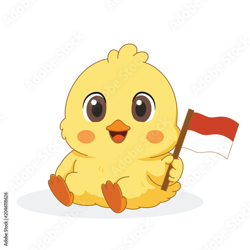 Cute Chick Sitting with Indonesian Flag Indonesia Independence Day Cartoon Vector