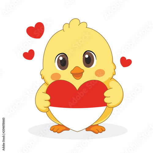 Cute Chick Holding Indonesian Flag Heart Symbol for Indonesia Independence Day Cartoon Vector