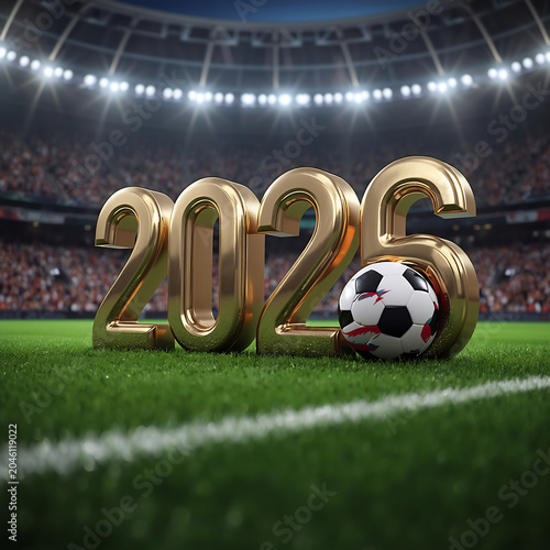 Soccer Field with 2025 Gold Numbers and Ball