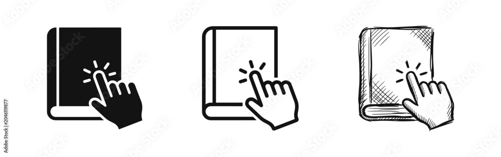 Fototapeta premium Book click icon set for e-learning and digital education in flat, outline and hand drawn style