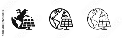 Photography Global renewable energy icon set with world globe and solar panel in flat, outli