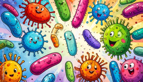 Colorful Cartoon Microorganisms with Smiling Faces Symbolizing Friendly Science, Microbiology Education, and Playful Artistic Visualization
