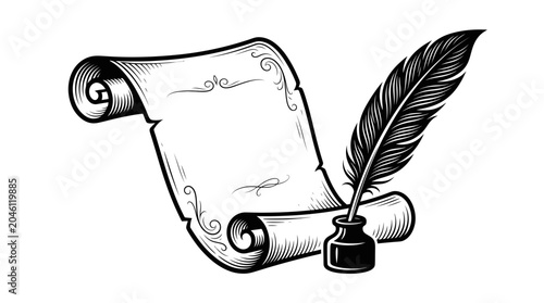 Φωτογραφία Vintage Quill Pen, Inkwell, and Scroll Paper - Historical Writing Set