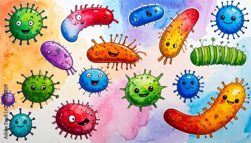 Colorful Cartoon Microorganisms with Smiling Faces Symbolizing Friendly Science, Microbiology Education, and Playful Artistic Visualization