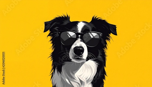 Stylized Border Collie Dog Wearing Sunglasses on Bright Yellow Background Symbolizing Playful Modern Design and Contemporary Artistic Expression