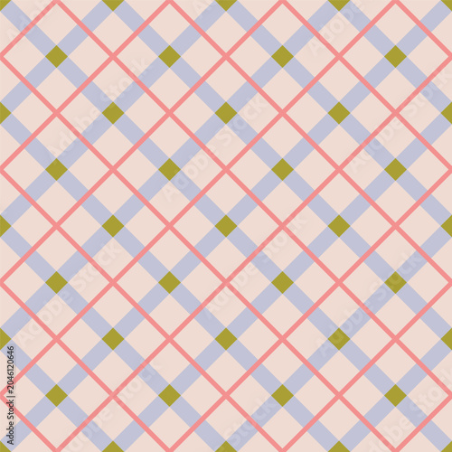 Diagonal multicoloured grid repeat with layered intersecting lines on a neutral ground. Abstract seamless diagonal tartan structure. Elegant, graphic surface design with a classic woven textile feel.