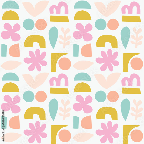 Abstract playful cut-out floral and abstract shapes arranged in a loose grid repeat. Seamless paper collage style flowers, semicircles, arcs, teardrops, leaves and botanical sprigs 