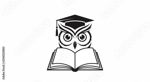 Owl wearing graduation cap reading book.