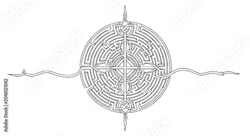 Schilderij op canvas Circular maze labyrinth design with celtic knot elements and flowing lines