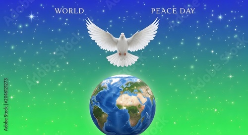 World peace day dove flying over earth globe with starry night sky background