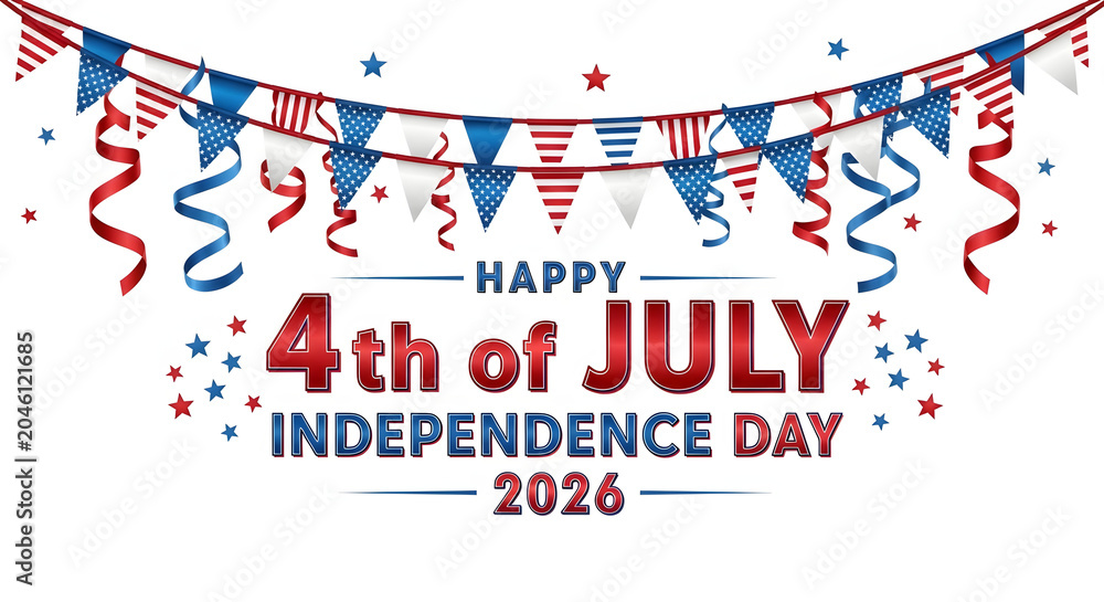 Obraz premium Colorful 4th of July Independence Day celebration banner with fireworks and stars on white background