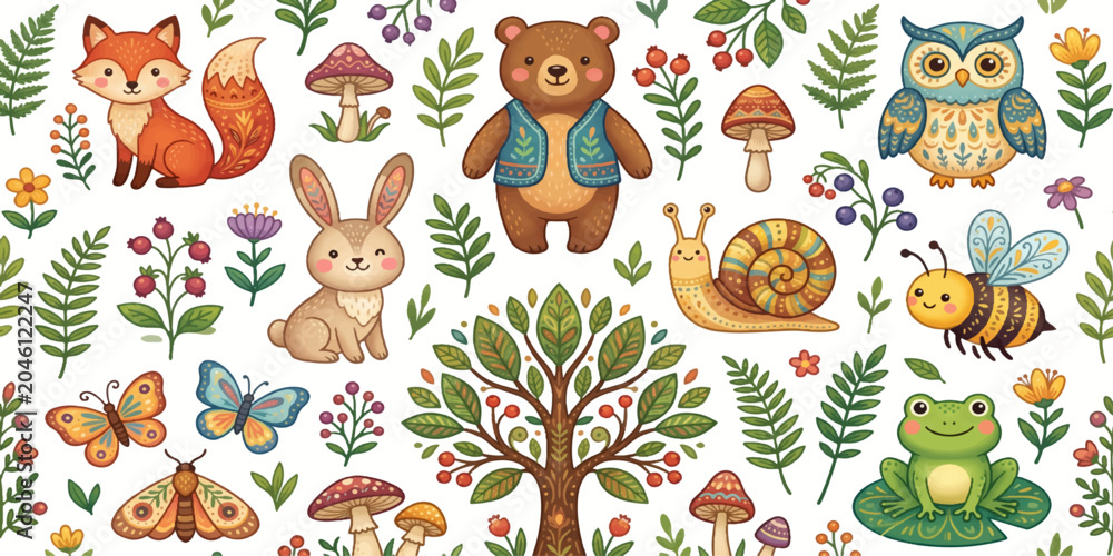 Fototapeta premium Cute Woodland Forest Animals and Nature Elements Seamless Pattern Featuring Fox Bear Owl Rabbit Frog Bee Butterfly Snail and Floral Illustration