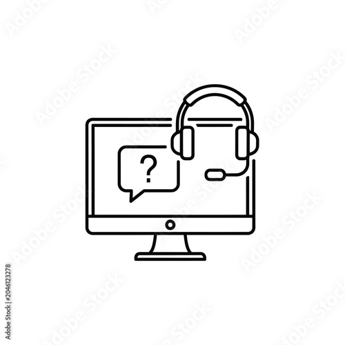 Customer support computer with headset and help icon.