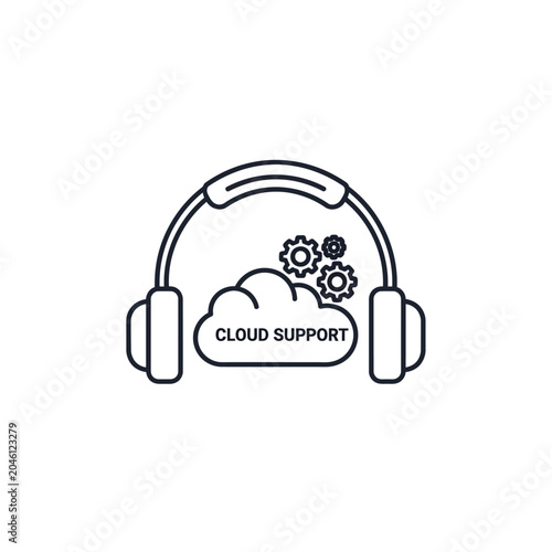 Customer support headset framing cloud and gear icons.