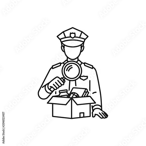 Customs officer inspecting shipping box with magnifying glass.